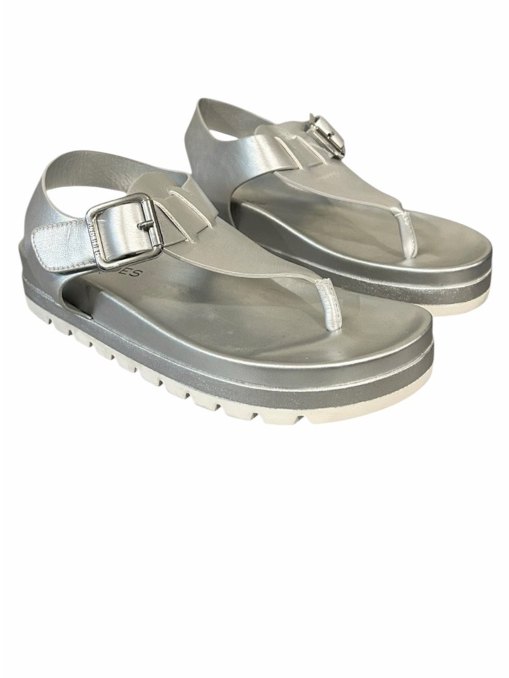 J Slides Platform Sandals Toe Post Buckle Silver Metallic VGC Women’s Size 6